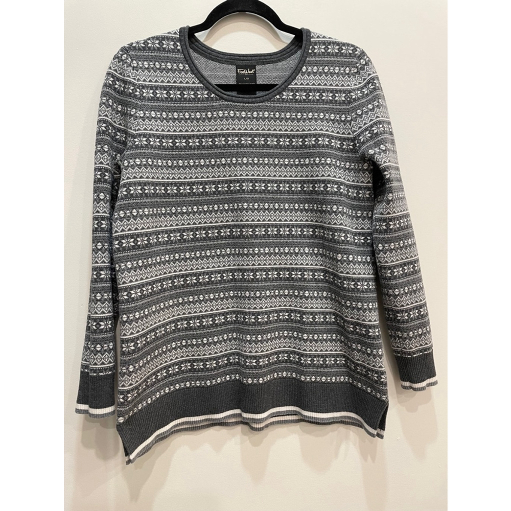 FarWest Fair Isle Knit Nordic Cottagecore Woman’s Sweater Gray White size Large